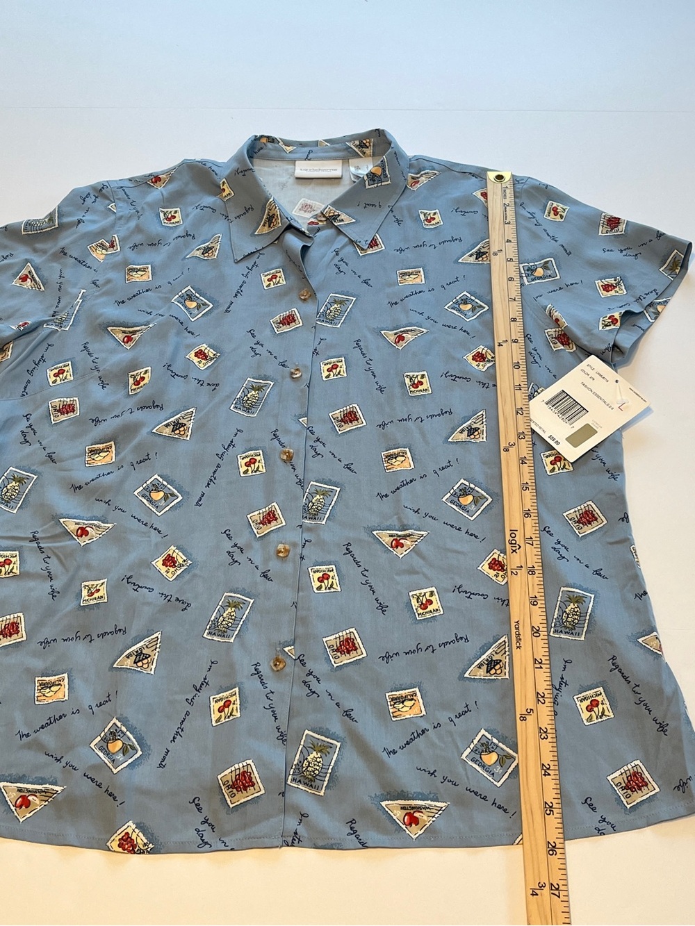 Liz Claiborne 100% silk Pale Blue Button-Down blouse with Postcard Print size L - Picture 8 of 10